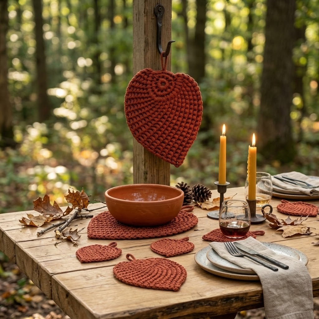 A rustic outdoor dining table set in a wooded forest setting, featuring a terracotta-coloured crocheted heart-shaped hanging ornament and matching placemats, with plates, candles, and autumn leaves.