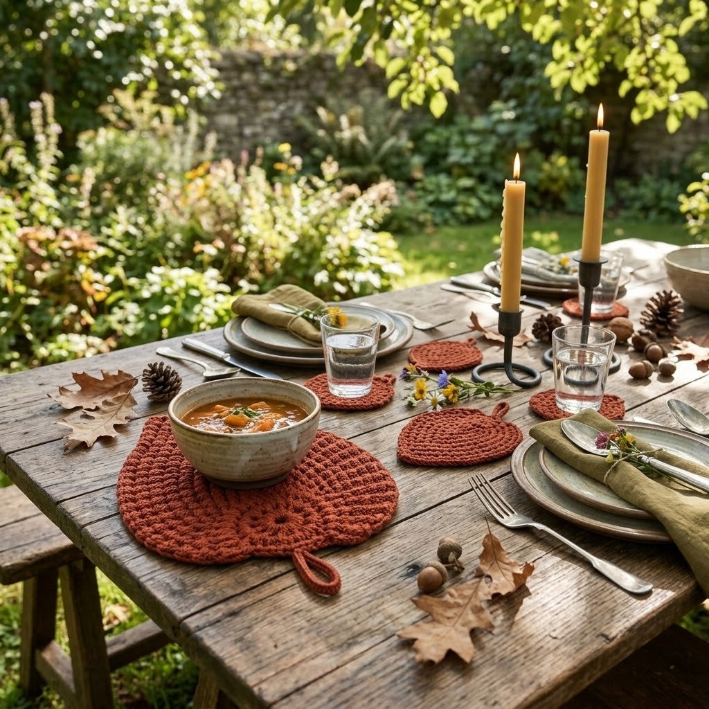 An outdoor dining table set with autumn-themed crocheted placemats, beige plates, olive green napkins, candles, and fall leaves in a garden setting.