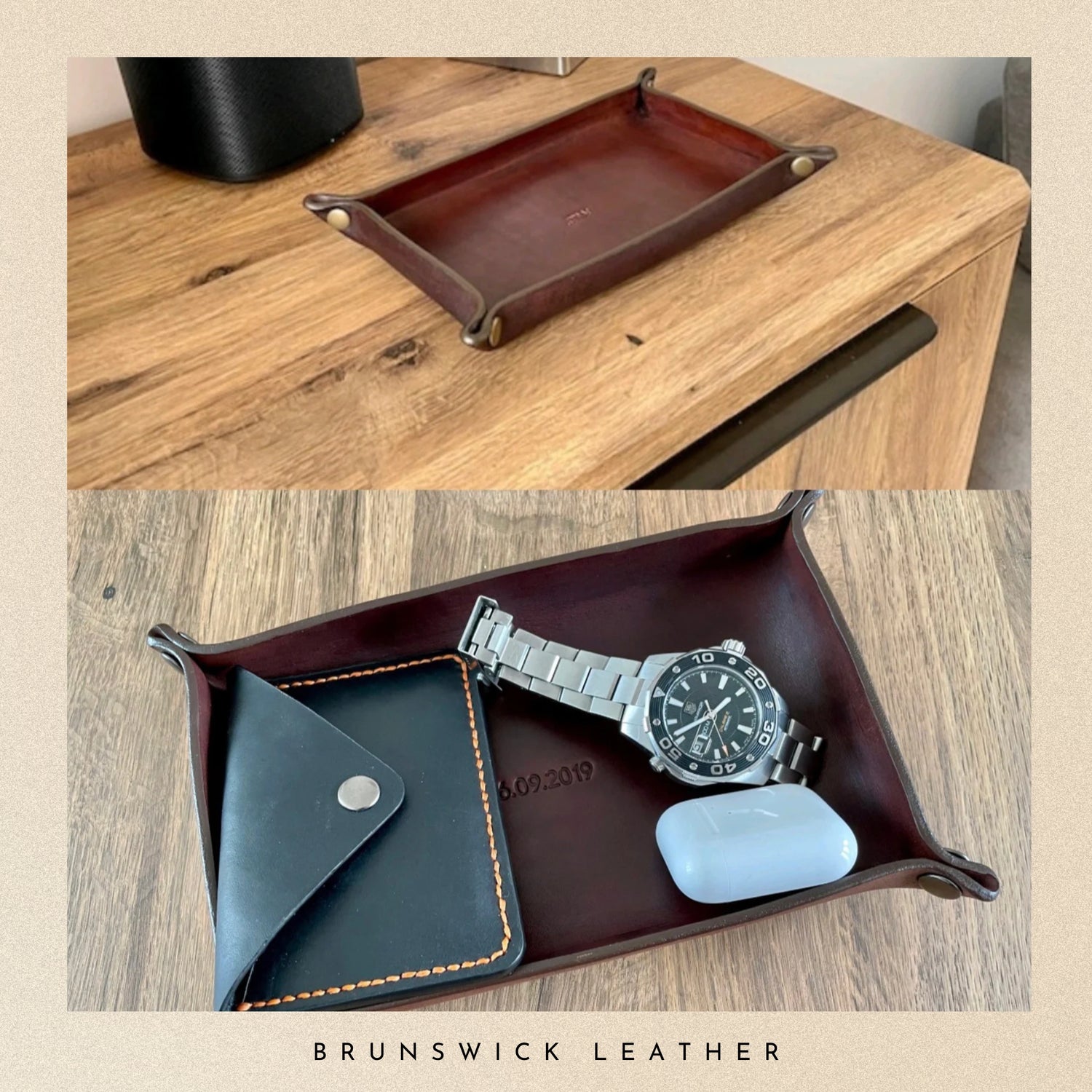 Brown leather tray with a watch and other items on a wooden surface, branded 'Brunswick Leather'.