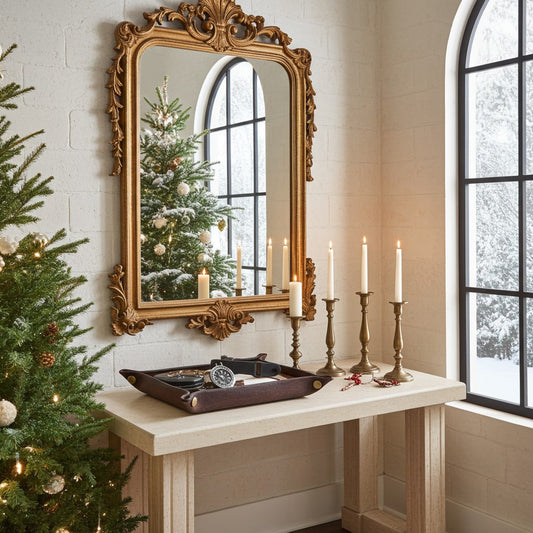 Leather accessories tray on a sideboard with ornate mirror and Christmas Tree