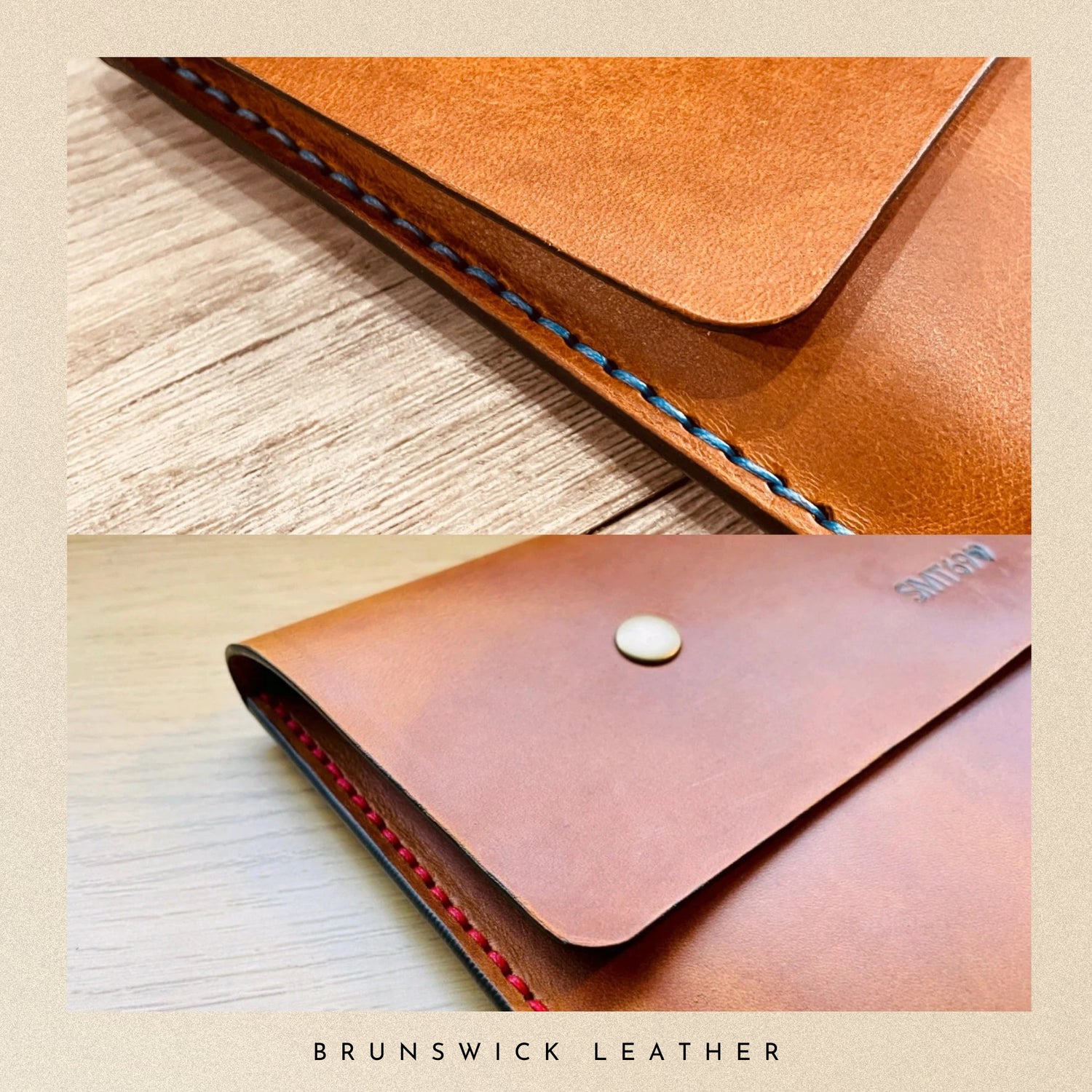 Brown leather wallet with visible stitching on a wooden surface, branded 'Brunswick Leather'.