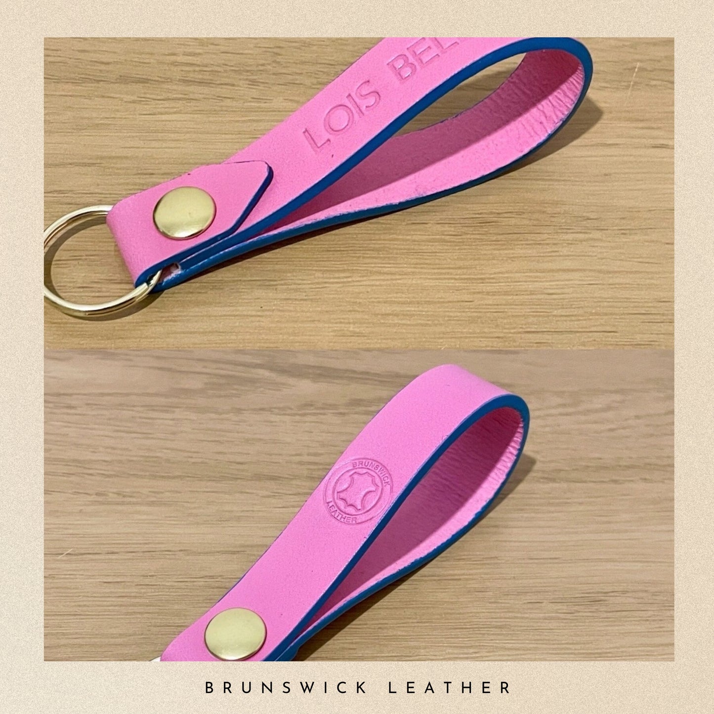 Pink leather keychain with blue interior on a wooden surface, branded 'Brunswick Leather'.