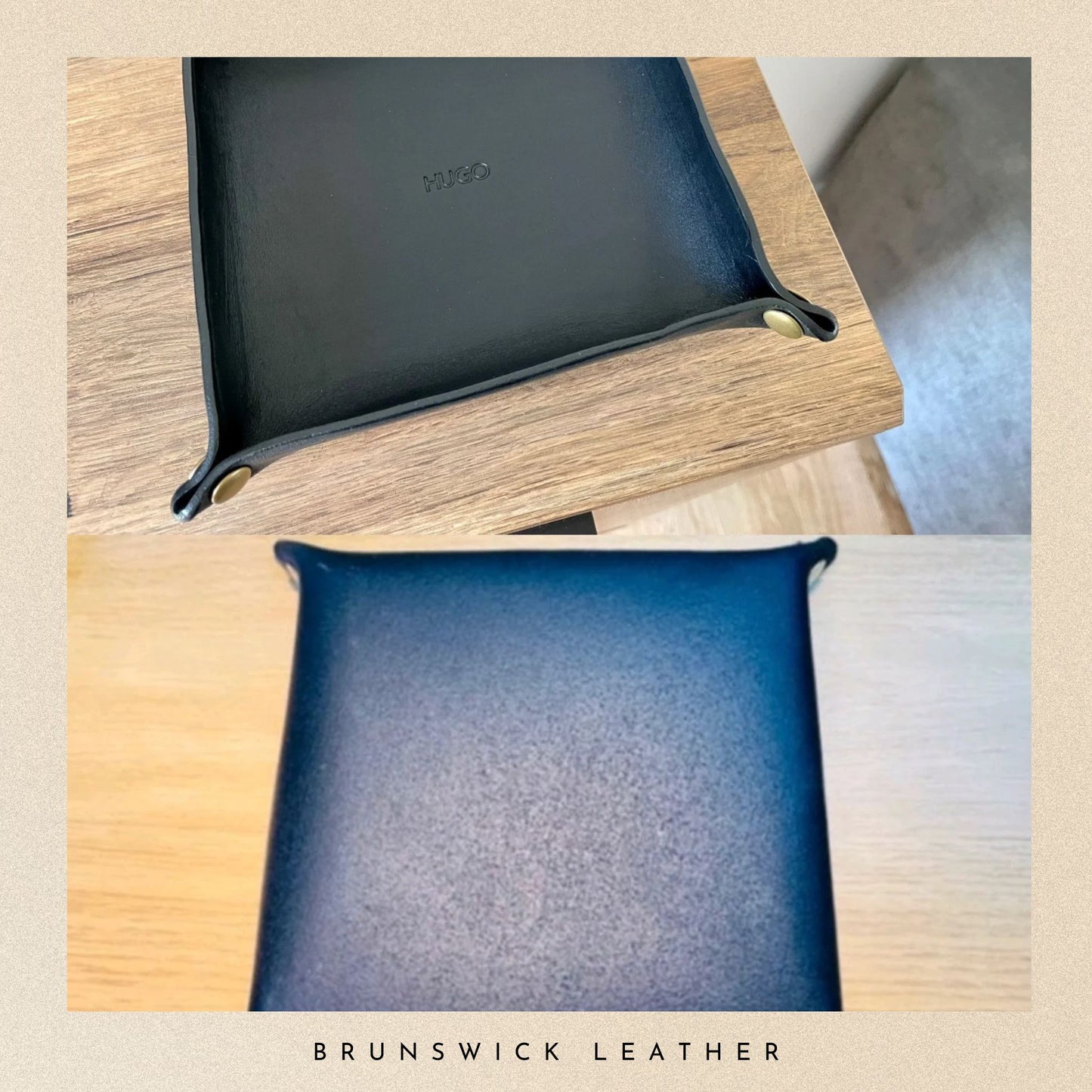 Black leather tray on a wooden surface with 'Brunswick Leather' branding.