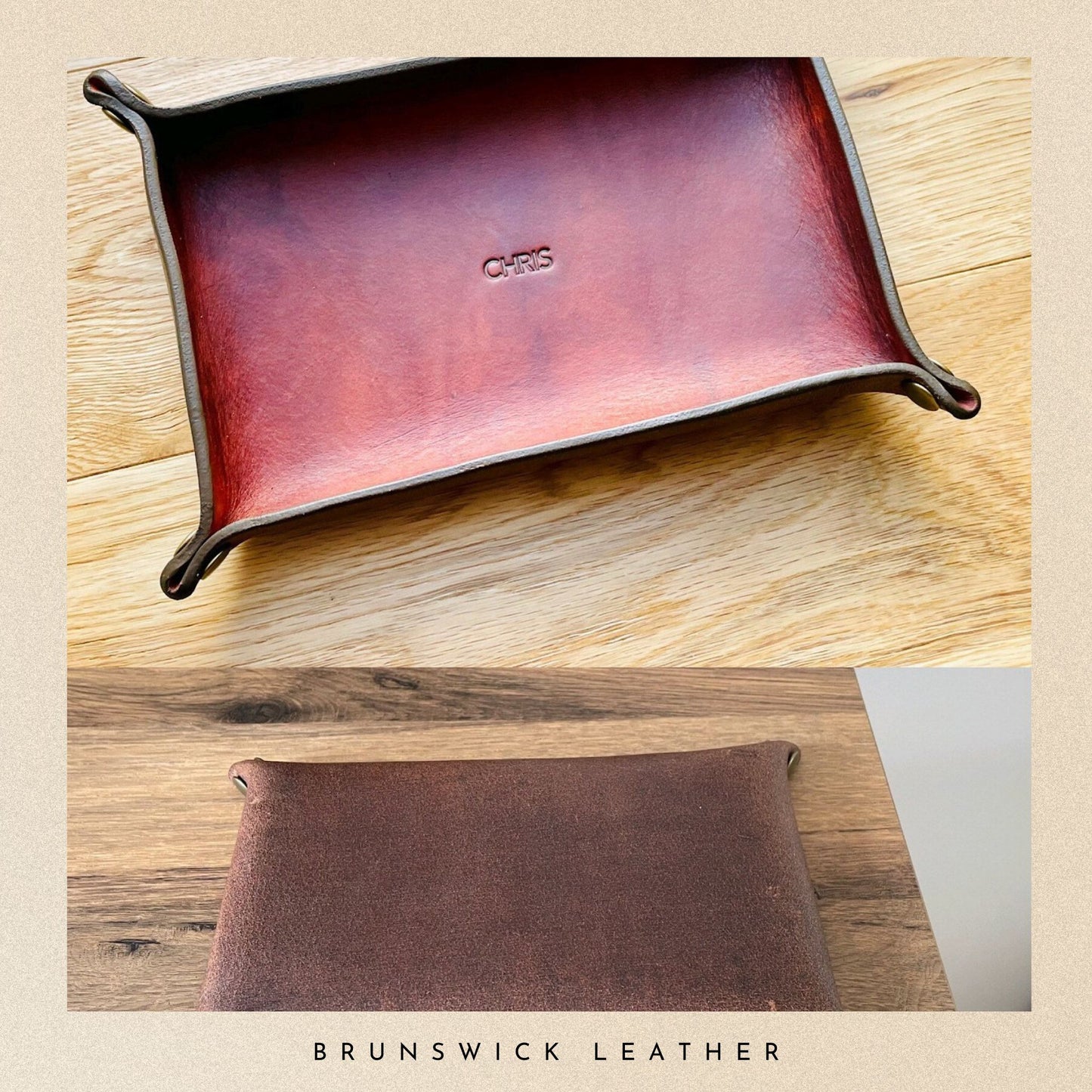 Leather tray with 'CRIS' branding on a wooden surface, branded 'Brunswick Leather'.