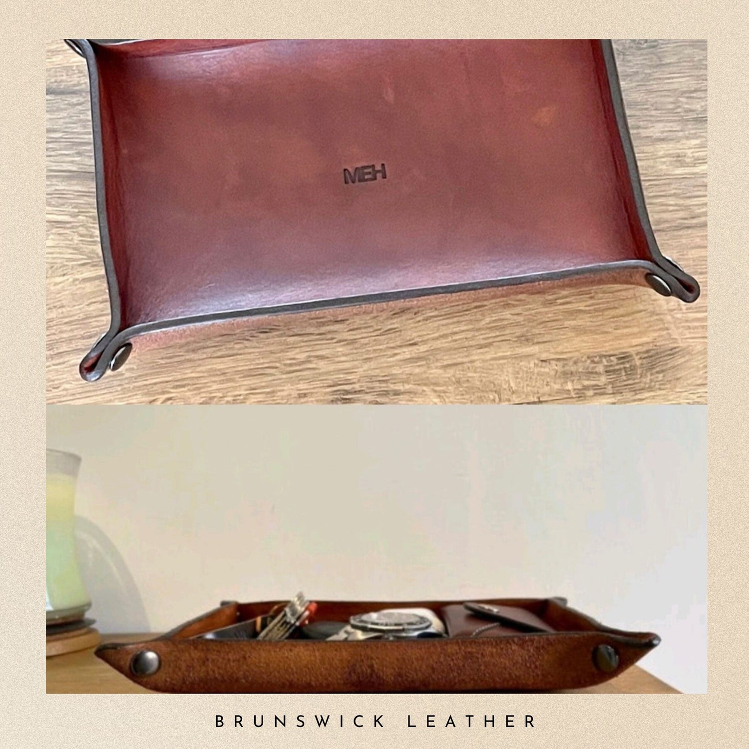 Brown leather tray with 'MEH' branding on a wooden surface, followed by a tray with 'Brunswick Leather' branding.