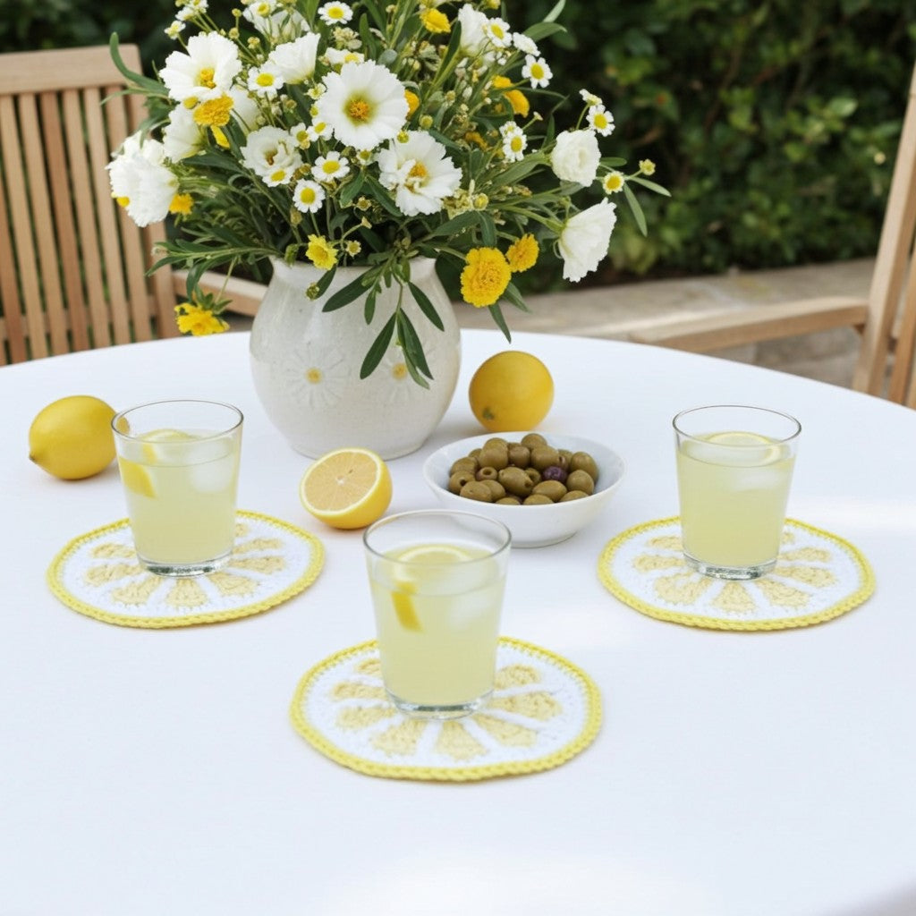 Three round white table coasters with yellow lemon patterns are arranged on a white table, each holding a glass of lemonade. A matching floral vase with white and yellow flowers, lemons, olives, and wooden chairs are visible in the background.