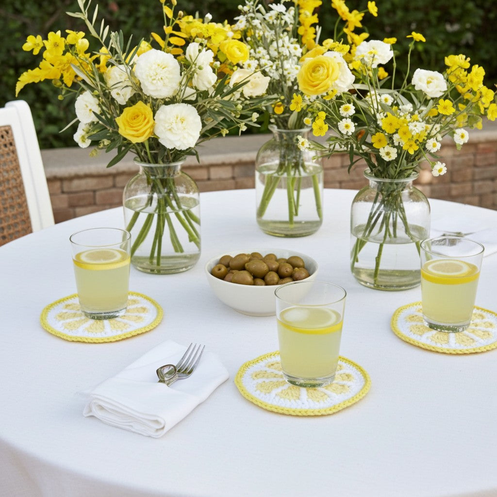 A styled outdoor dining table setup with four clear glass vase centerpieces filled with yellow and white flowers, four glasses of lemonade with lemon slices, crocheted yellow-and-white coasters, a folded white napkin with a fork, and a bowl of olives on a white tablecloth-covered table.