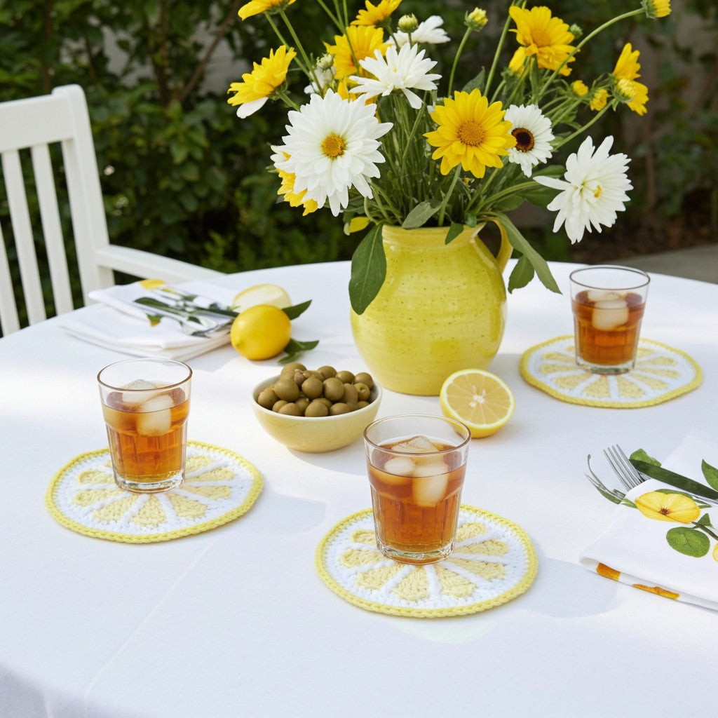 A styled outdoor dining table setting featuring a yellow ceramic pitcher filled with yellow and white daisies, a white tablecloth, lemon slices, olives, and two glasses of iced tea on matching yellow and white crocheted placemats.