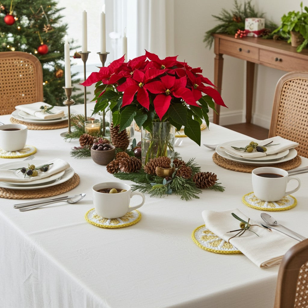 A festive holiday dining table decorated with a large red poinsettia arrangement in a glass vase, pinecones, evergreen branches, white plates, white mugs, and yellow patterned lemon slice coasters. A Christmas tree and warm indoor room are visible in the background.