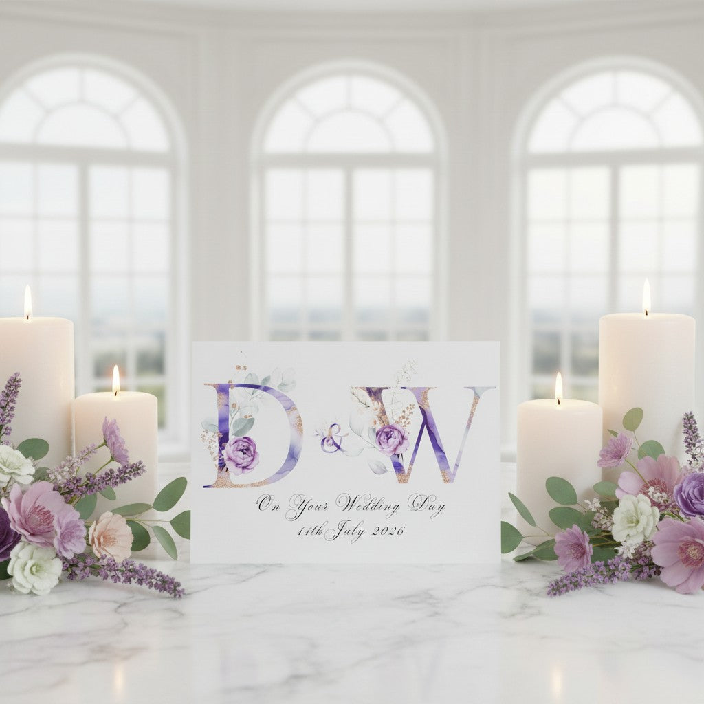 Decorative setup with candles, flowers, and a card with initials and date on a marble surface.