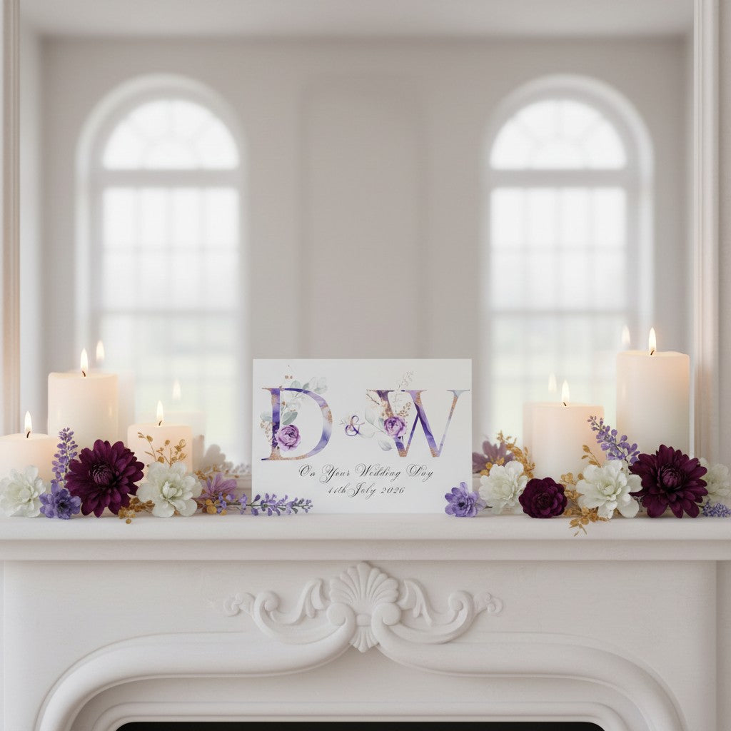 Decorative setup with candles and flowers on a mantelpiece, featuring a card with 'D&W' initials.
