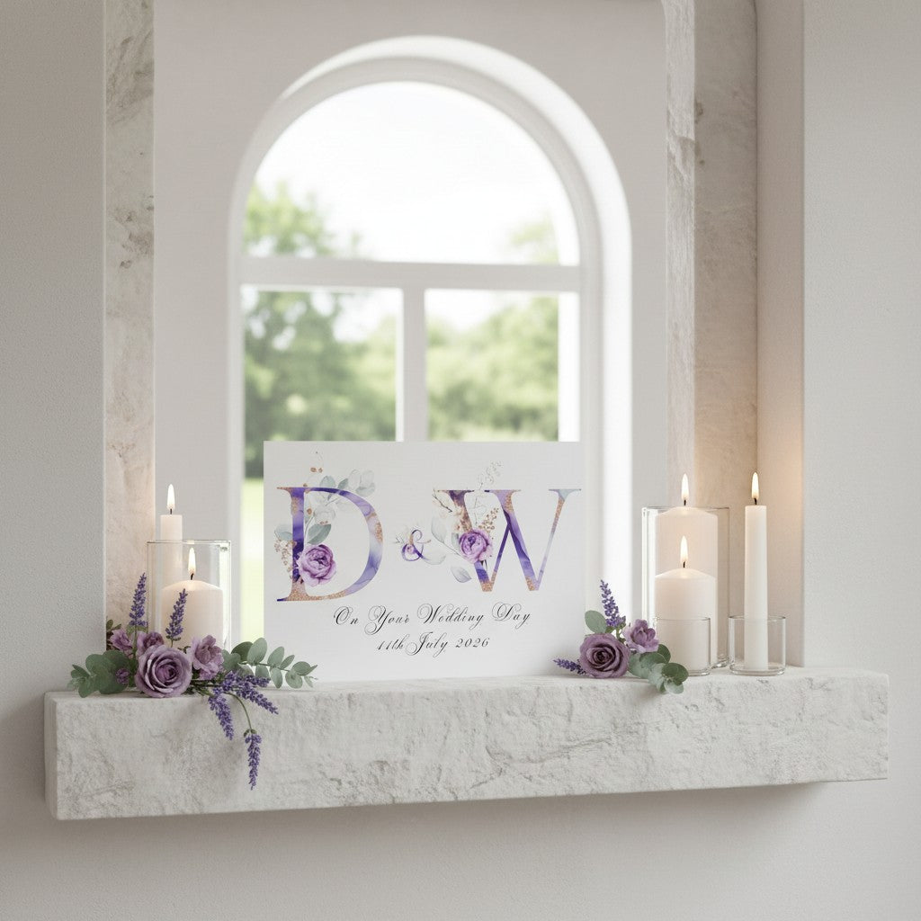 Decorative card with 'D&W' on a marble ledge with candles and flowers, in front of a window.