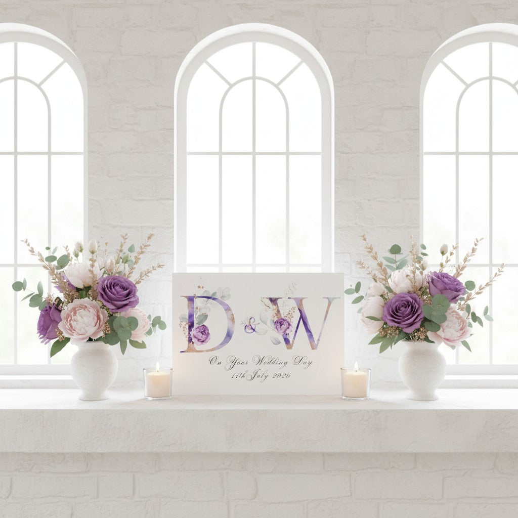 Floral arrangements with purple and white flowers on a windowsill with a decorative card