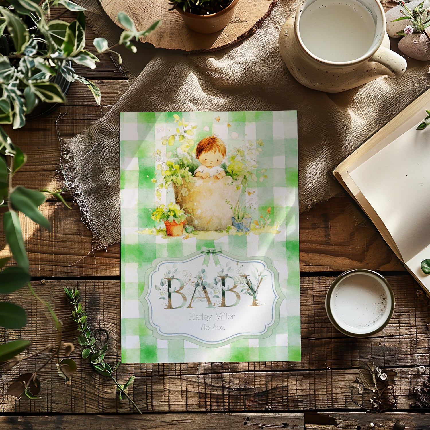A personalised baby card with a green and white gingham pattern and a vintage-style illustration of a baby in a garden pot, styled on a rustic wooden table with a mug, book, and plants.