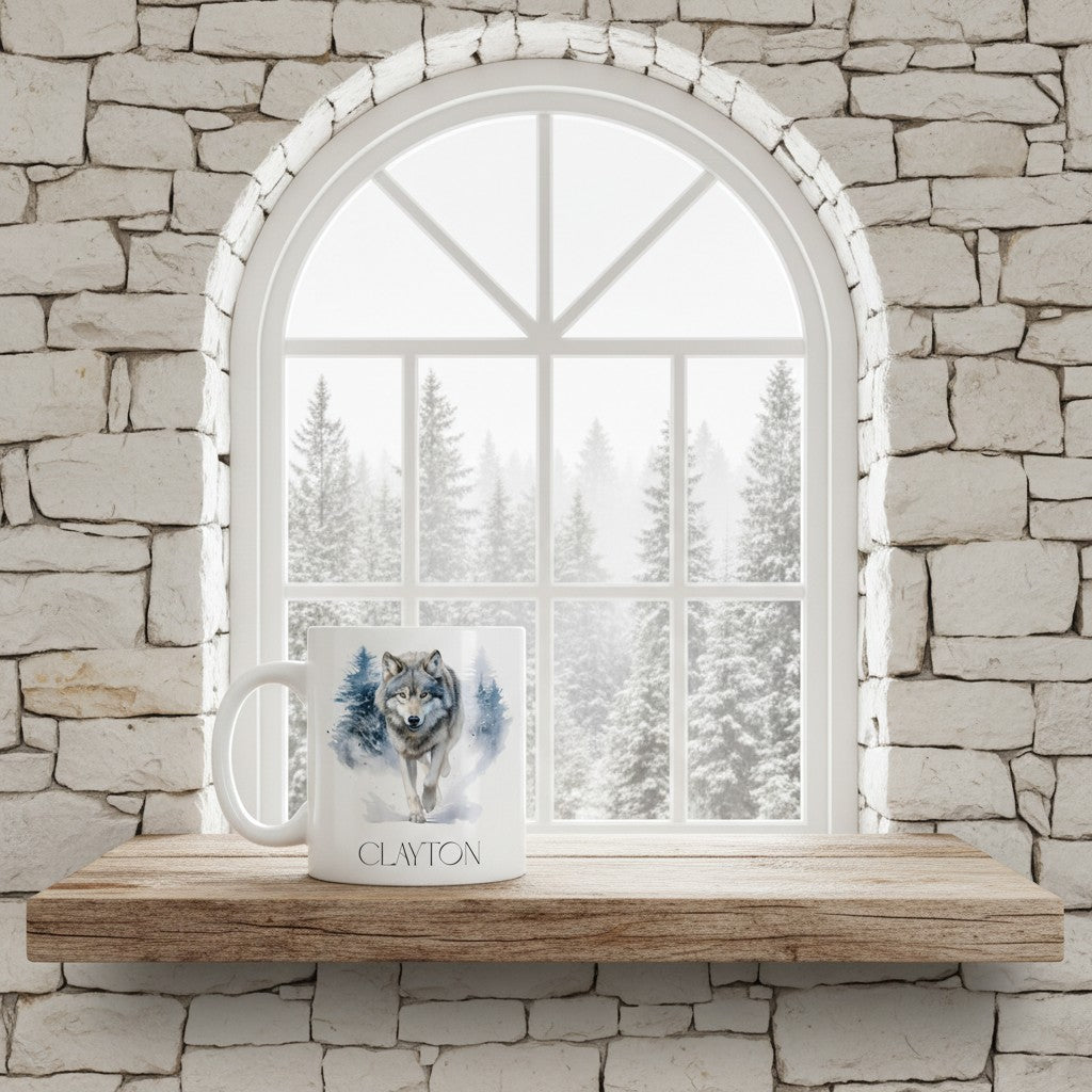Mug with a wolf design on a windowsill in front of a stone wall and window with a snowy landscape.