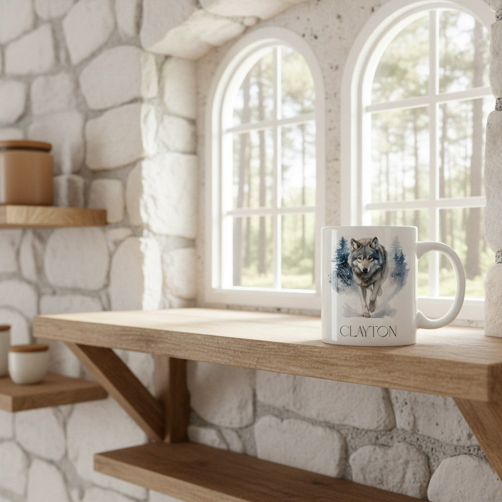 Mug with a wolf design on a wooden table in a room with stone walls and large windows.