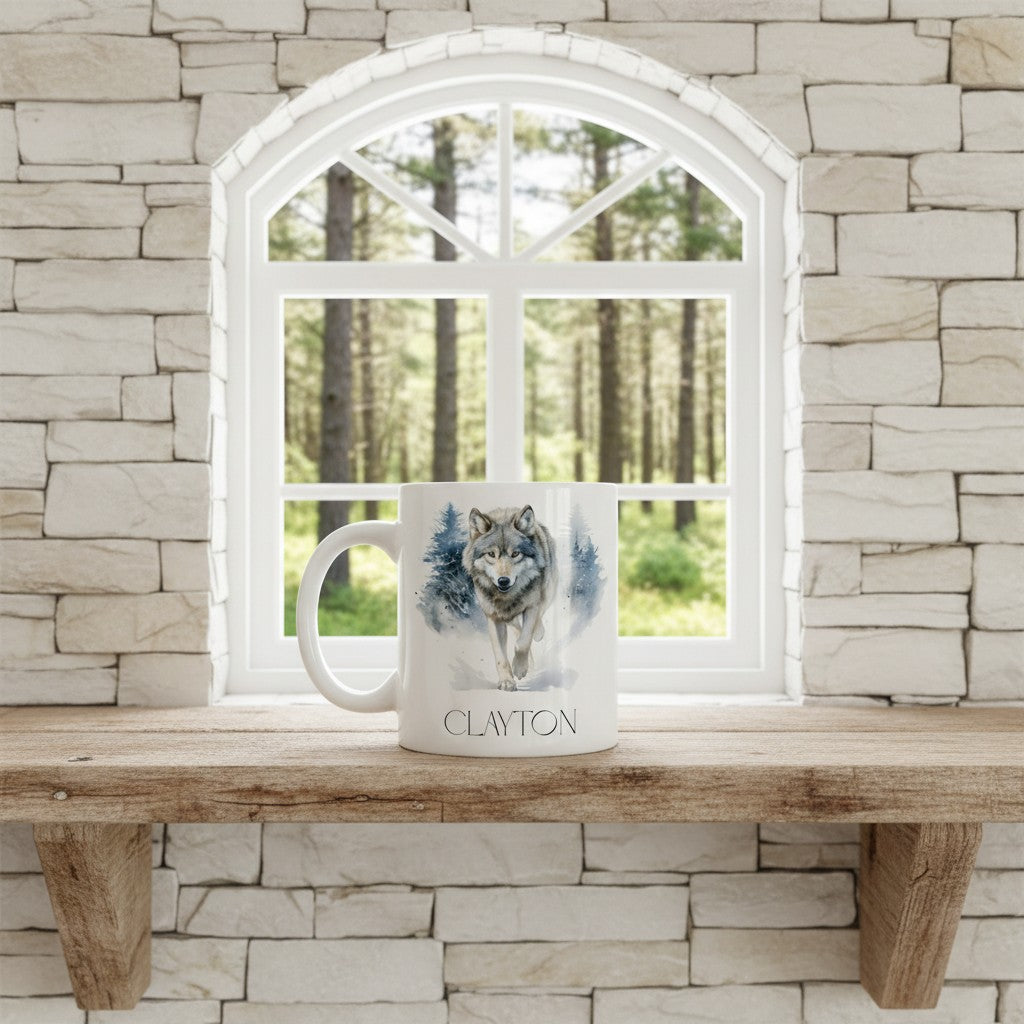Mug with a wolf design on a wooden shelf in front of a stone wall and window view.
