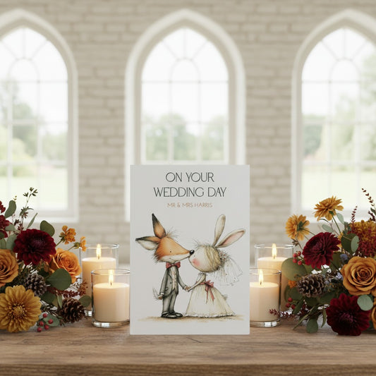Wedding card with fox and rabbit illustration surrounded by candles and flowers in a church setting