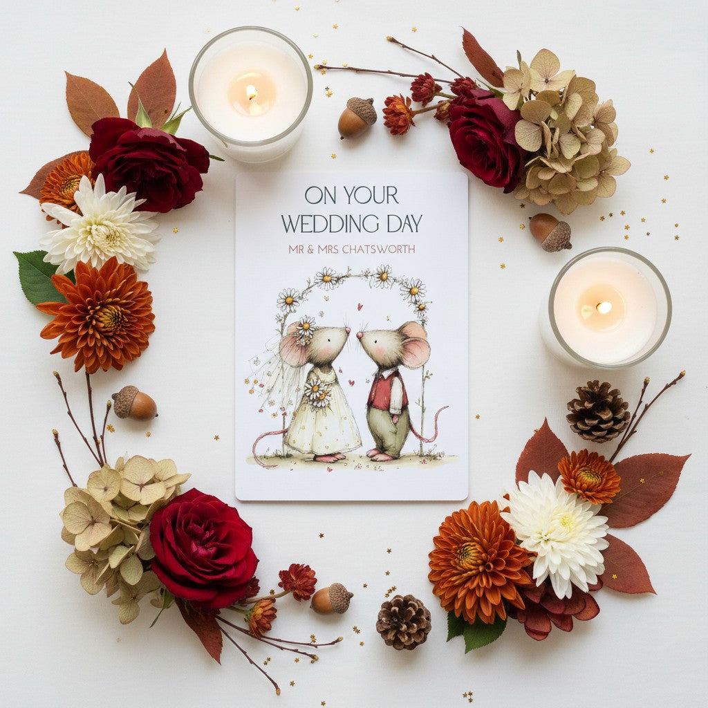 Wedding card with candles and autumn-themed flowers on a white background