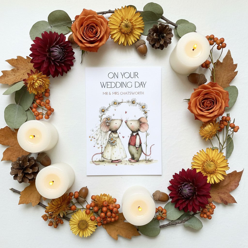 Decorative wreath with candles, flowers, and a wedding card on a white background