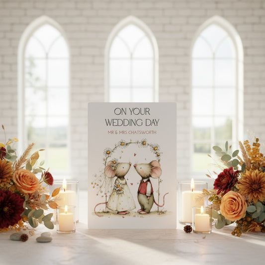 Wedding card with mice illustration in a church setting with flowers and candles.