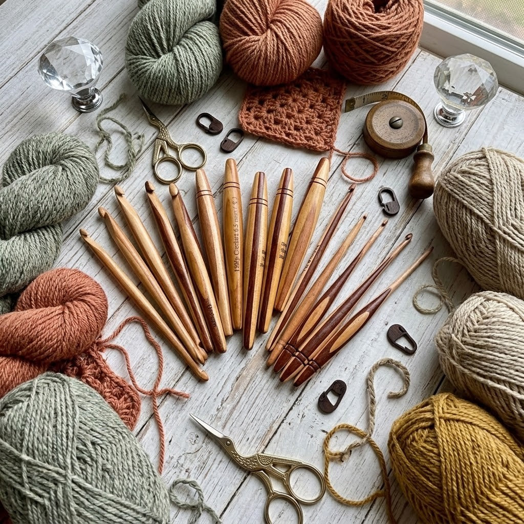A styled flat-lay of knitting and crochet tools on a whitewashed wooden surface, surrounded by balls of yarn in muted sage green, terracotta, beige, and mustard yellow. The central subject is a set of wooden knitting needles and crochet hooks arranged in fan shapes, with scissors, stitch markers, a tape measure, and glass crystal weights around them.
