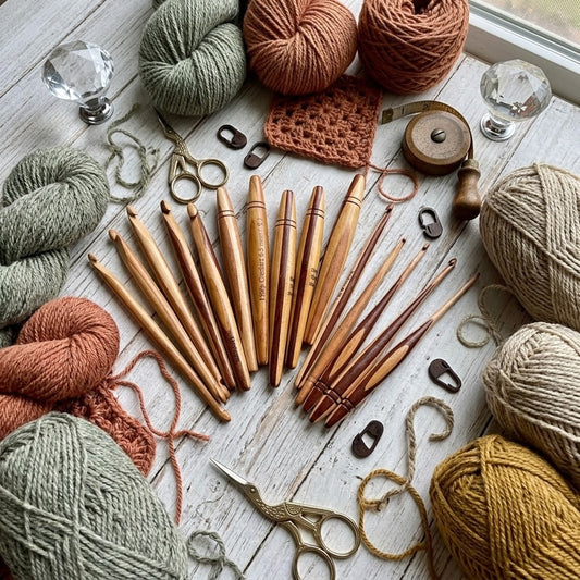 A styled flat-lay of knitting and crochet tools on a whitewashed wooden surface, surrounded by balls of yarn in muted sage green, terracotta, beige, and mustard yellow. The central subject is a set of wooden knitting needles and crochet hooks arranged in fan shapes, with scissors, stitch markers, a tape measure, and glass crystal weights around them.