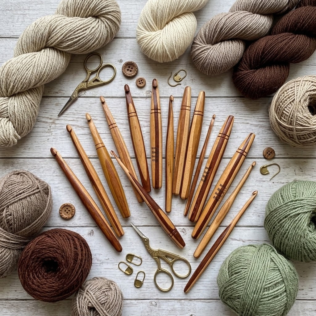 A styled flat-lay of knitting and spinning tools and materials on a whitewashed wood surface, including multiple wooden spinning tops, brass scissors, metal hooks, buttons, yarn skeins in cream, taupe, brown, sage green, and dusty rose, and small wooden beads.