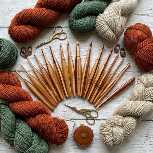 A flat lay of wooden crochet hooks arranged in a fan shape, surrounded by colourful yarn skeins in rust orange, sage green, cream, and natural beige, with two metal scissors and a small brown leather case on a whitewashed wood background.