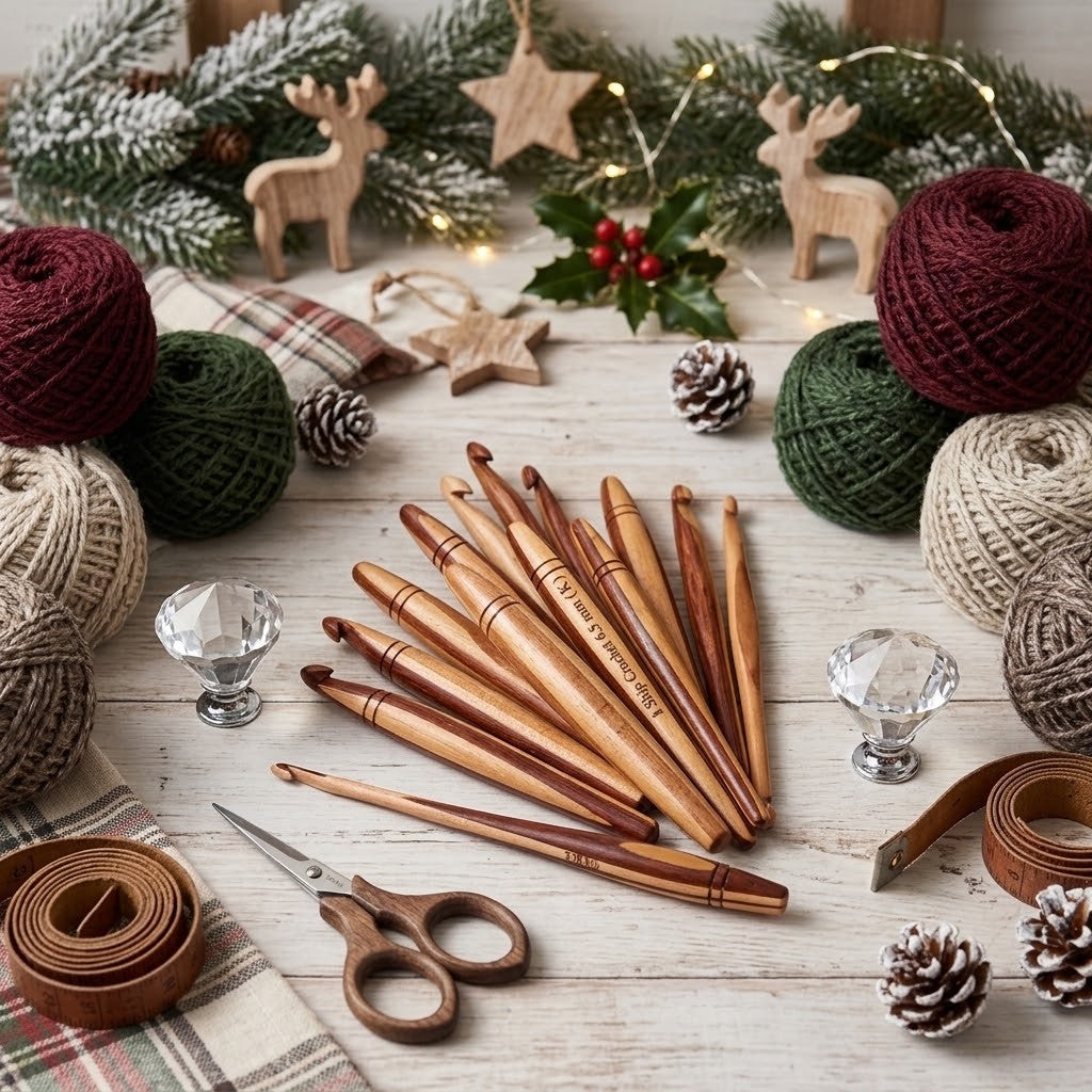 A styled flat-lay of wooden crochet hooks arranged on a whitewashed wooden surface, surrounded by holiday decorations including green pine branches, fairy lights, wooden reindeer figurines, pinecones, plaid fabric, and skeins of yarn in burgundy, green, beige, and brown.