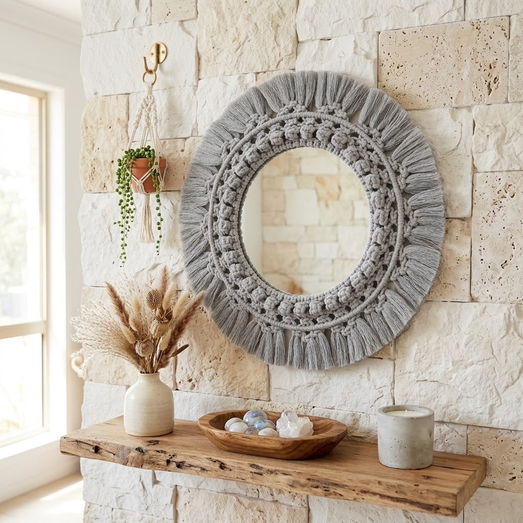 A round decorative wall mirror with a thick grey crocheted fringe border, mounted on a light stone wall above a rustic wooden shelf with dried grasses, crystals, and a candle.
