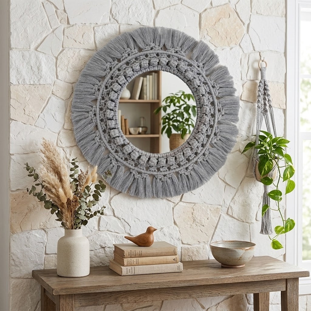 A round grey macrame-framed mirror hangs on a light stone wall above a wooden console table styled with books, a ceramic vase of dried grass, a small bird figurine, a bowl, and a hanging plant.