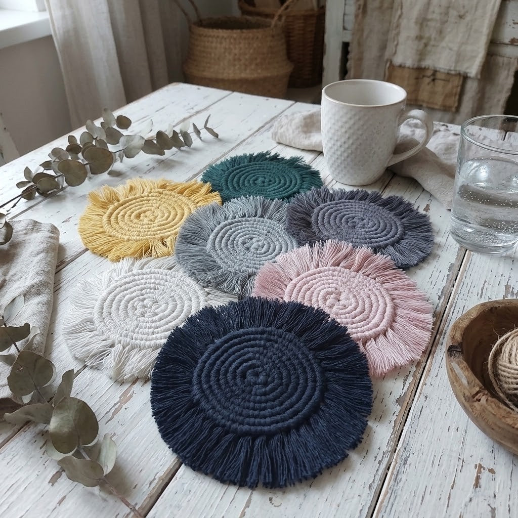 Six round fringed woven coasters in assorted colors including navy blue, pink, light grey, teal, yellow, and lavender, arranged on a rustic white wooden table with a mug, glass of water, and eucalyptus branches.