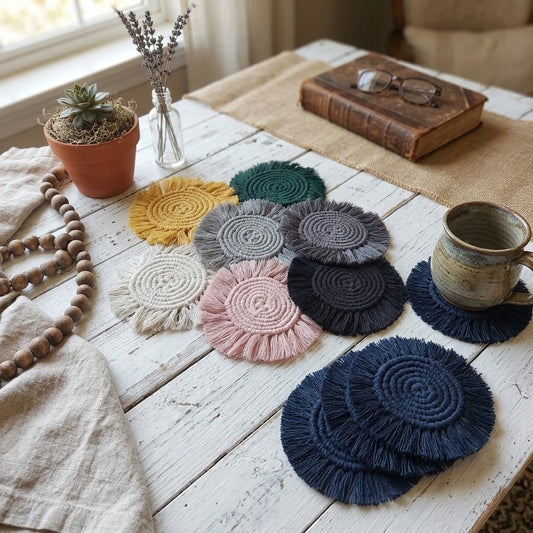 A set of round, fringed woven coasters in multiple colours including navy, dark blue, pink, light pink, grey, green, mustard yellow, and cream, displayed on a rustic white wooden table with lifestyle props like a ceramic mug, book, and potted plant.