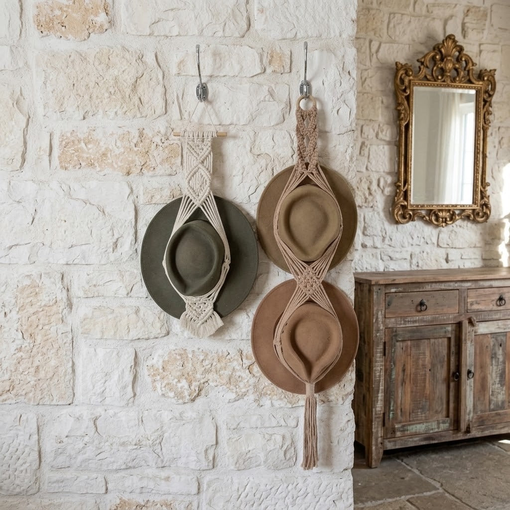 Two wide-brimmed hats hanging from macrame wall hangers on a rustic white stone wall, with a wooden cabinet and ornate mirror in the background.