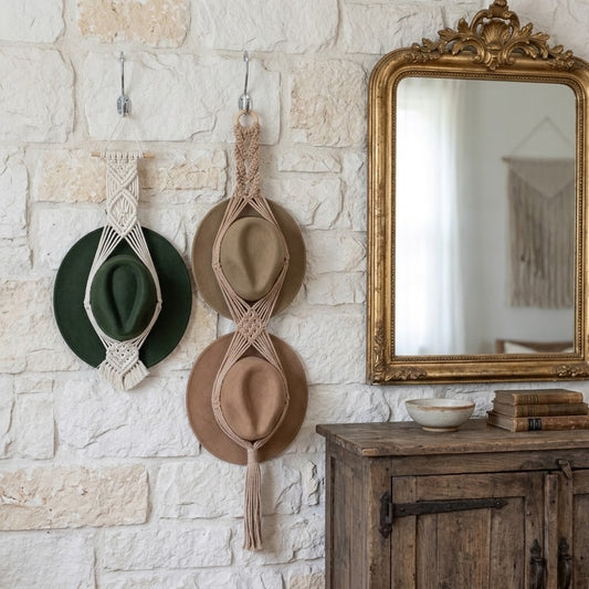 A styled interior scene showing two woven macrame hat hangers hanging on a white stone wall. One hanger holds a dark green hat, and the other holds two tan hats.