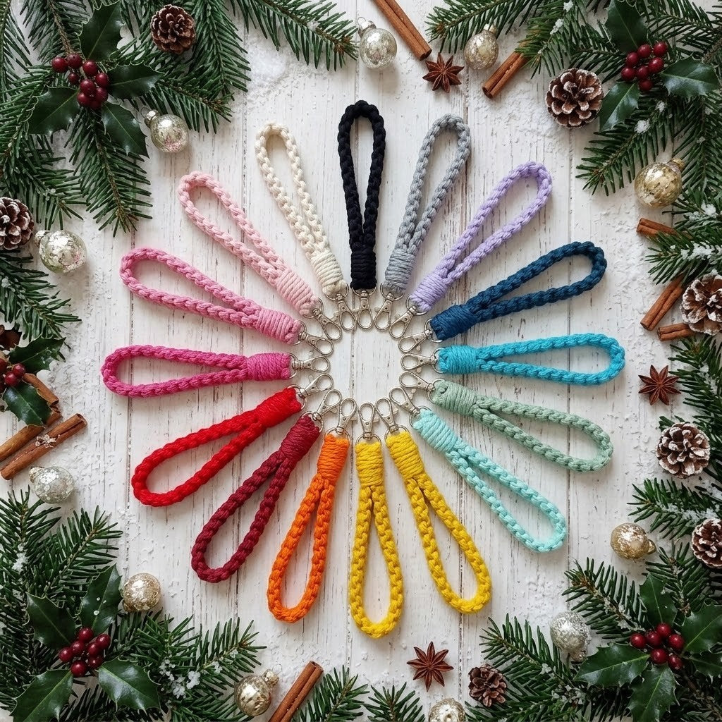 A flat-lay arrangement of 12 knotted macrame keychains in a spectrum of colours, including black, gray, purple, blue, teal, mint, yellow, orange, red, pink, cream, and light pink, arranged in a circular pattern on a white wood background decorated with pine branches, pinecones, and cinnamon sticks.