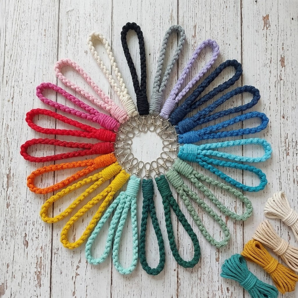 A circular arrangement of braided macrame rope keychains or wristlets in many colours, including cream, black, grey, lavender, blue, teal, mint, green, yellow, orange, red, and pink, displayed on a distressed white wooden surface. A few additional rope bundles are placed at the bottom right.