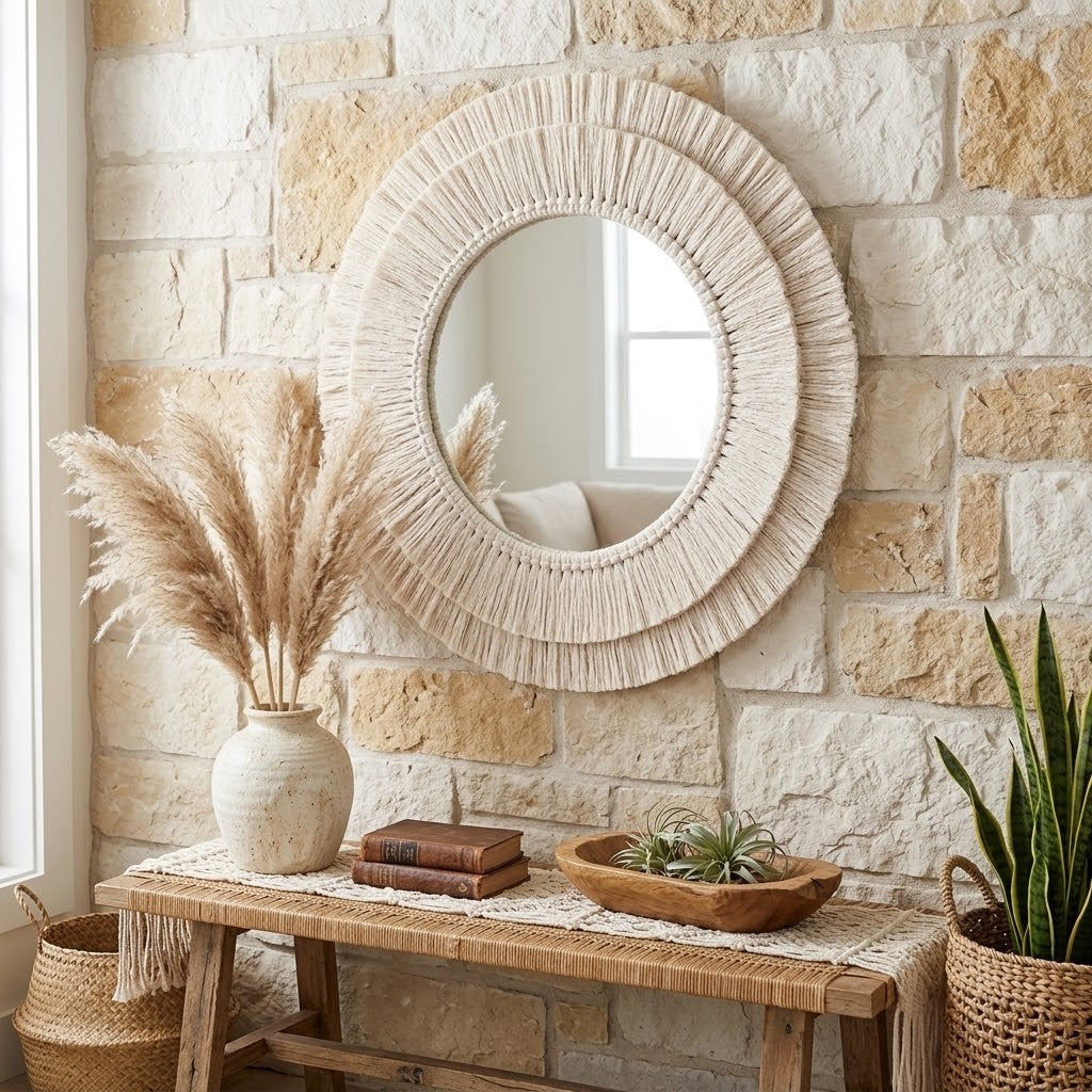 Round wall macrame mirror with a thick, textured cream woven frame, mounted on a rustic stone wall above a wooden console table decorated with pampas grass, books, and a small plant.