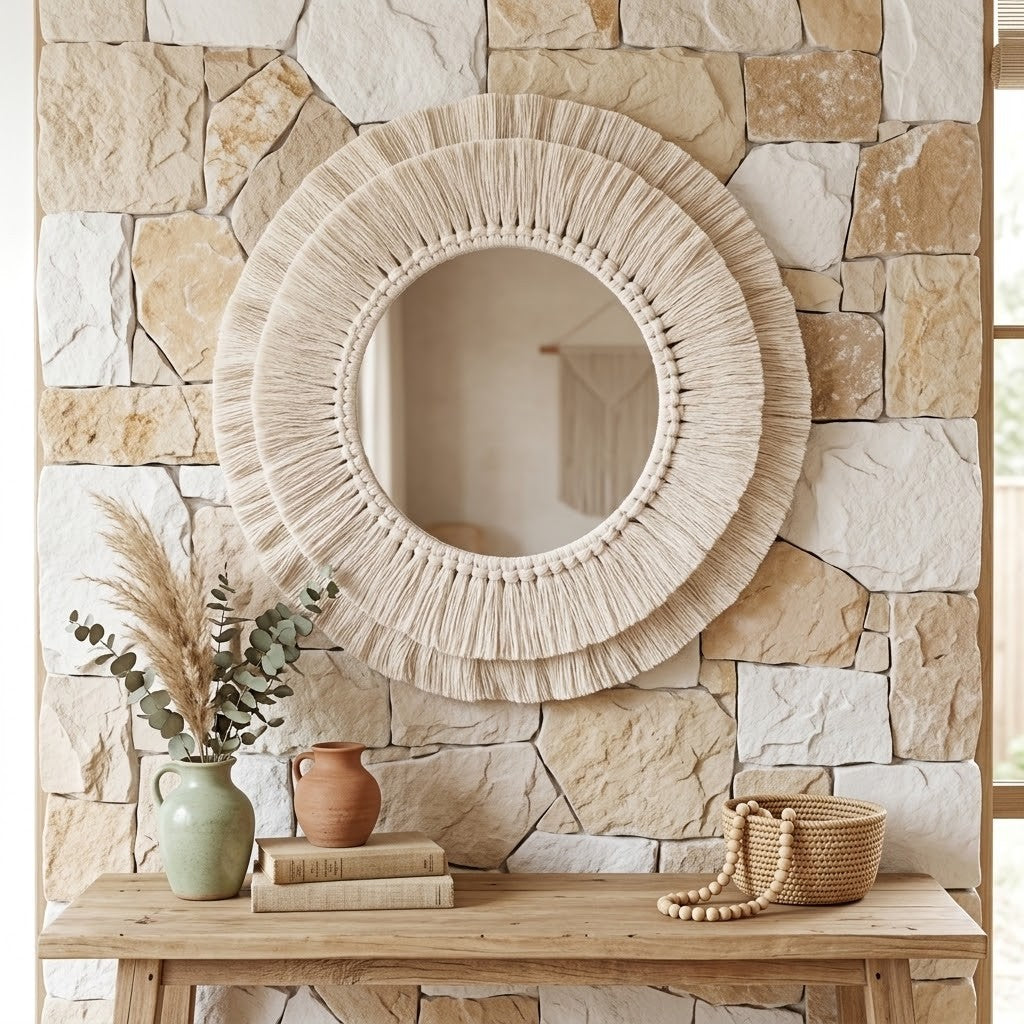A large round macrame wall mirror with a thick, textured beige woven or fringed border, mounted on a rustic stone wall above a wooden console table styled with vases, books, and a woven basket.
