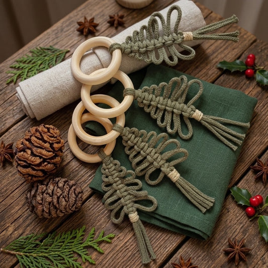 A set of four Christmas tree napkin rings in sage green and natural wood, styled on a rustic wooden table with pinecones, evergreen branches, and a green cloth.
