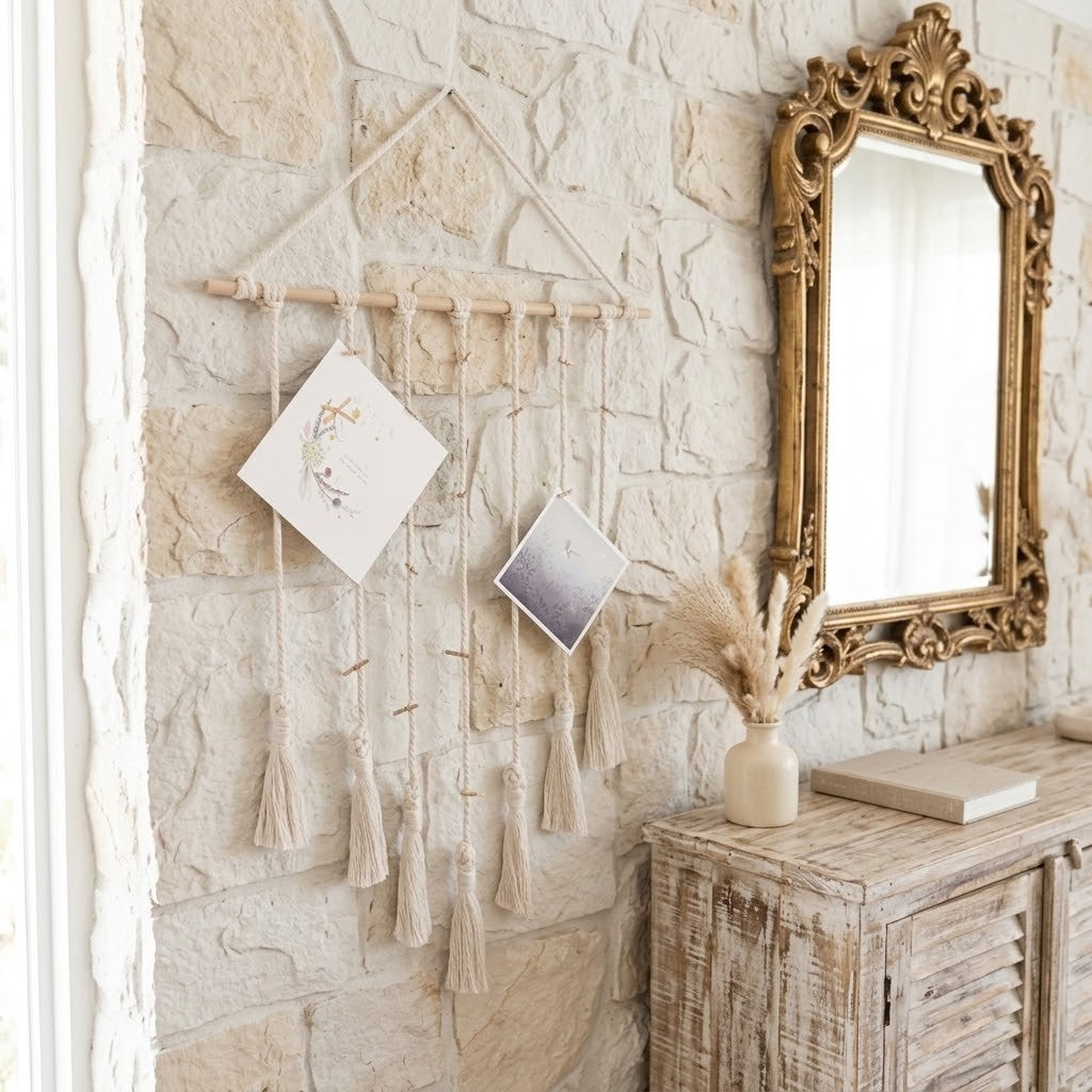 A boho-style woven wall hanging with tassel cords and two small hanging cards, displayed on a light stone wall beside an ornate gold mirror and a rustic wooden cabinet.