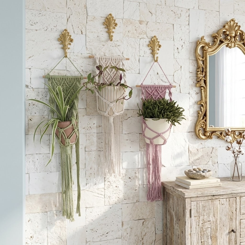 Three bohemian macrame wall hangings in green, cream, and dusty pink, each holding a potted plant, displayed on a white brick wall next to a gold mirror and wooden cabinet.