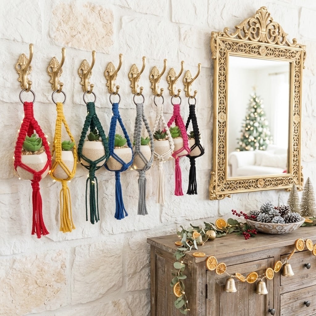 Six macrame plant hangers in red, yellow, green, blue, grey, and pink, each holding a small potted succulent and hanging from gold wall hooks on a white stone wall. A large ornate gold mirror and a rustic wooden console table with holiday decorations are visible below.