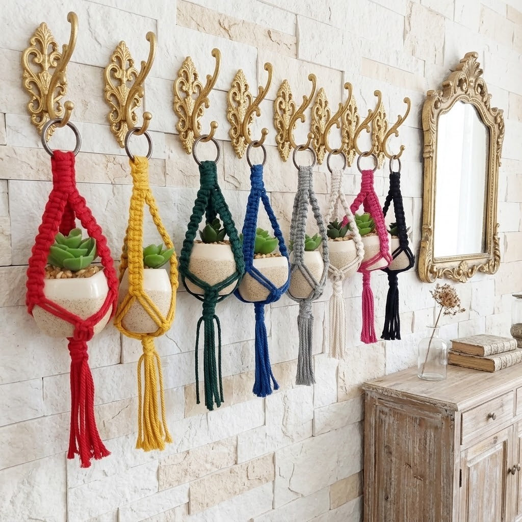 Six ornate gold wall hooks mounted on a light stone wall, each holding a macrame plant hanger with a small potted succulent in different colors: red, yellow, green, blue, grey, and pink. A decorative gold mirror and a rustic wooden cabinet are visible in the background.