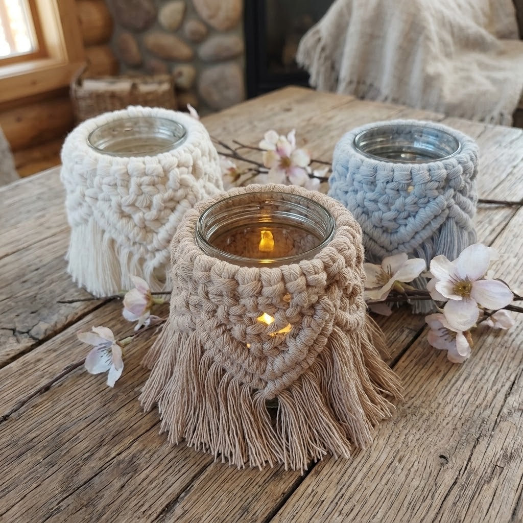 Three macrame candle holders in cream, beige, and light blue, each holding a glass jar candle with a warm flame, arranged on a rustic wooden table with decorative flowers.