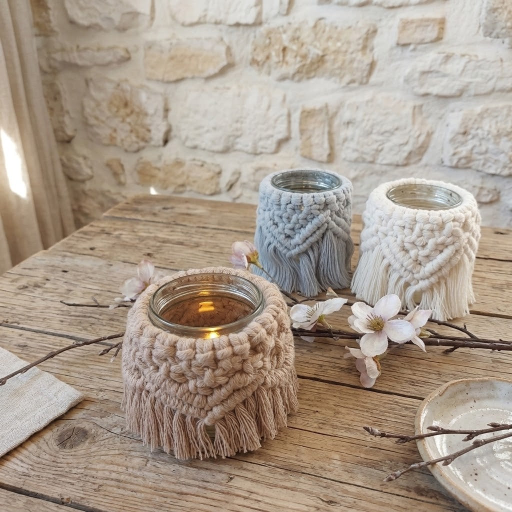Three macrame candle holders in beige, grey, and off-white, displayed on a rustic wooden table with a stone wall background.