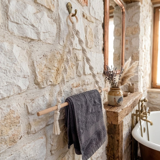 A rustic bathroom scene with a stone wall and a wooden and macrame towel bar holding a dark charcoal towel. A rope wall hook hangs nearby, and a wooden mantel with dried grasses and a ceramic vase is visible beside a white clawfoot tub.