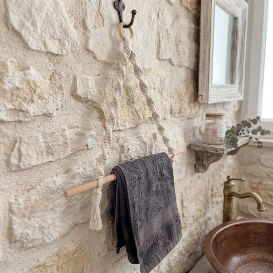 A rustic bathroom scene with a cream macrame towel rack mounted on a light stone wall. The rack has a wooden dowel, a hanging rope loop with a tassel, and a dark charcoal gray towel draped over it.