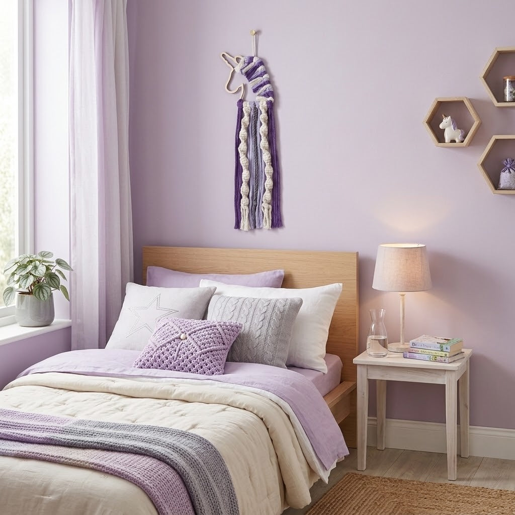 A styled bedroom scene with a bed dressed in cream and lavender bedding, a small wooden nightstand with a lit lamp, lavender walls, and a purple unicorn wall hanging above the bed.